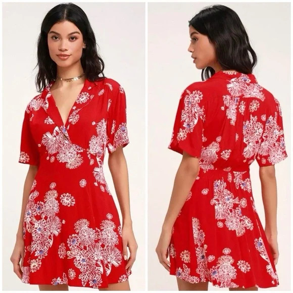 Free People Blue Hawaii Red Floral Print Mini Dress Size Small Bohemian - Picture 9 of 9